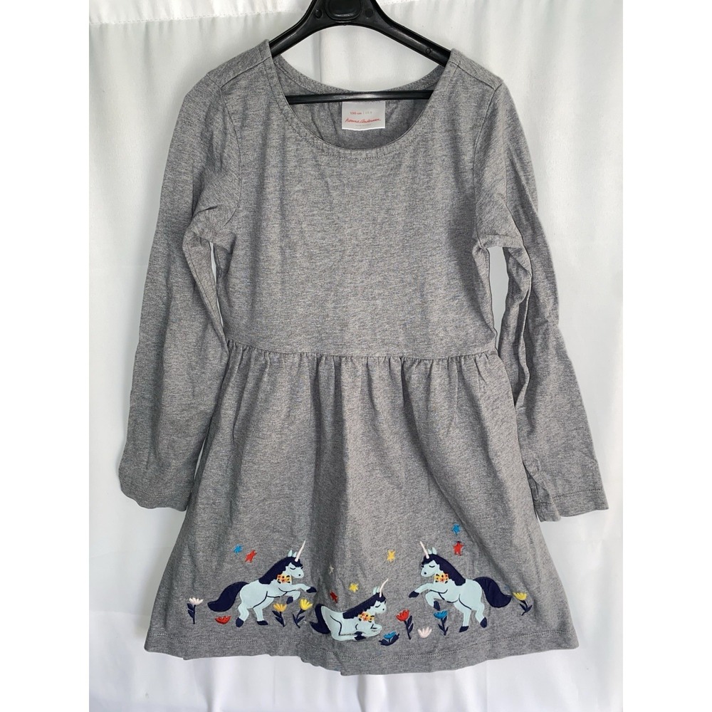 Hanna Andersson Girls Gray Unicorn Dress Long Sleeve US 8 130cm